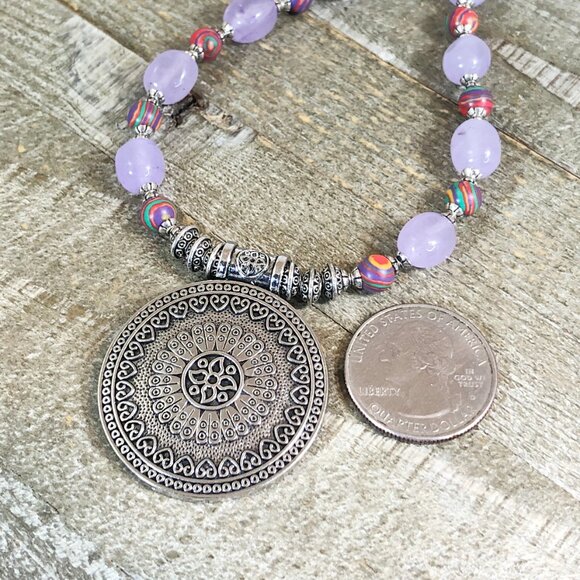 Silver Tribal Coin Medallion Choker with Lavender Quartz Nuggets - Picture 4 of 6
